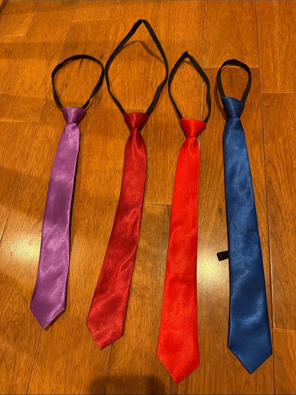 Set of 4 Satin Adjustable Youth Neckties in Purple, Red, Orange and Blue